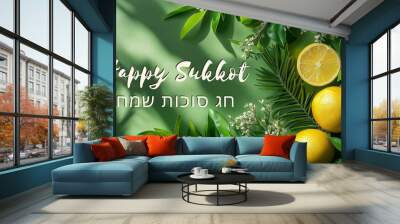 Festive card with fresh lemons for Sukkot, created with Generative AI technology. Wall mural