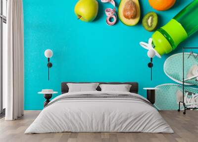 Flat lay composition with sport lifestyle accessories on color background Wall mural