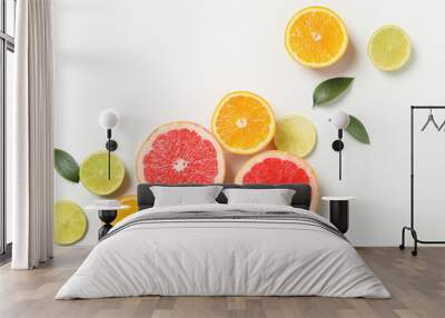 Flat lay with exotic fruits on white background, top view Wall mural