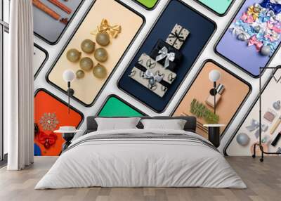 Flat lay with phones with photos for Christmas concept Wall mural