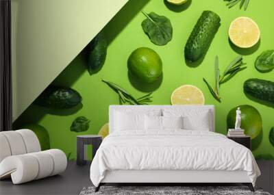 Flat lay with vegetables and fruits on two tone background Wall mural