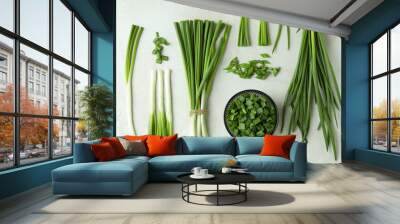 Fresh green onion on white textured background Wall mural