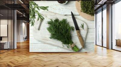 Fresh herbs on white wooden background, top view Wall mural