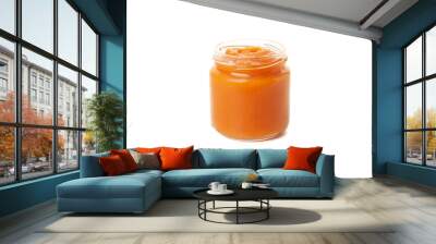 Glass jar with healthy baby food isolated on white background Wall mural