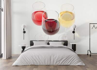 Glasses with different wine on white background, copy space Wall mural