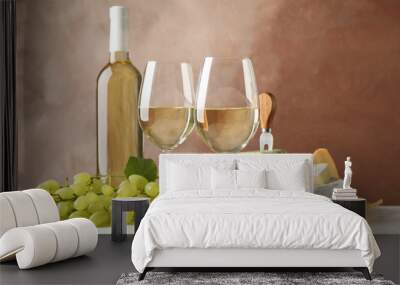 Grape, cheese, pears, glasses and bottle with wine, on white background, copy space Wall mural