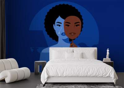 cruing woman covering face with mask expressing opposite emotion. sad black girl. impostor syndrome, Wall mural