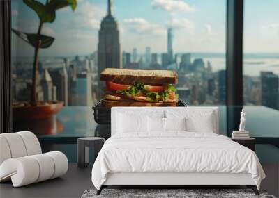 Metal lunch box with sandwiches on a glass table near the window on a city background with space for text, created with Generative AI technology Wall mural