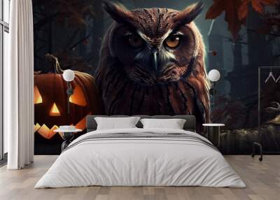 Owl with a pumpkin for Halloween, created with Generative AI technology. Wall mural