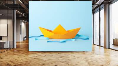 Paper boat and waves on blue background, space for text Wall mural