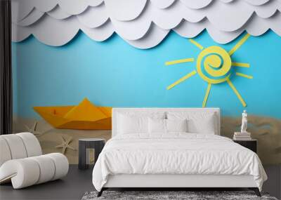 Paper clouds, sun and boat, sand with starfishes on blue background. Vacation Wall mural