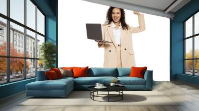 PNG, Attractive businesswoman in a suit with a laptop, isolated on white background Wall mural