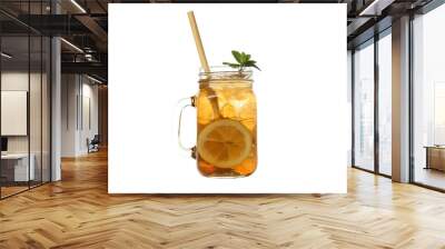 PNG, Glass of iced tea with lemon and straw, isolated on white background Wall mural