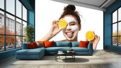 PNG,attractive girl with cream on her face and oranges in her hands, isolated on white background Wall mural