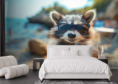 Racoon in sunglasses with cocktail, summer, created with Generative AI technology Wall mural