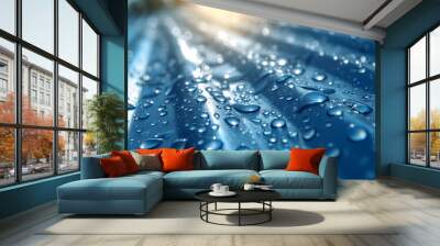 Raindrops on a blue surface with sunlight breaking through Wall mural