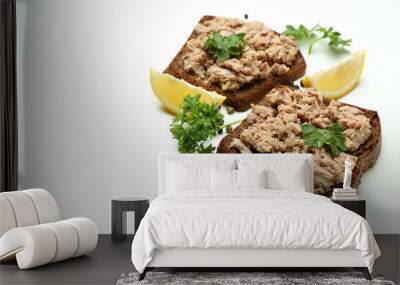 Sandwiches with canned tuna on white background Wall mural