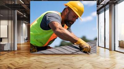 Skilled roofer expertly installing shingles under a bright blue sky in mid-afternoon Wall mural