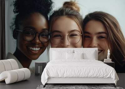 Three Smiling Women Pose Together With Happiness in a Stylish Indoor Setting During the Day Wall mural