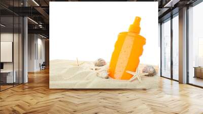 Sunscreen with starfish and seashells on clear sea sand isolated on white background. Summer vacation Wall mural