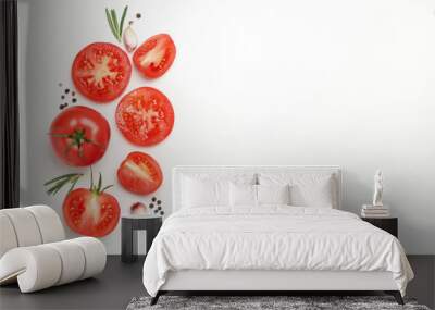 Tomatoes and ingredients on white background, top view Wall mural