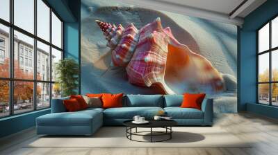 two intricate seashells with detailed patterns nestled in beach sand, lit by the warm light Wall mural