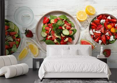 Watermelon and fresh fruit salad in a bowl on a white background Wall mural