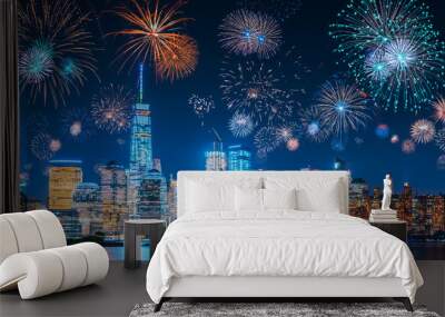 New Years Eve with colorful Fireworks over New York City skyline long exposure with beautiful dark blue sky, sci-fi orange city light glow and reflections in the river Wall mural