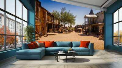 Old Western Goldfield Ghost Town square with huge cactus and saloon, photo taken during the sunny day with clear blue sky Wall mural