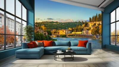 Verona cityscape during late sunset with Adige river and Church Complesso della Cattedrale-Duomo, viewed from the opposite side of river. Verona is located in Veneto, Italy, Wall mural