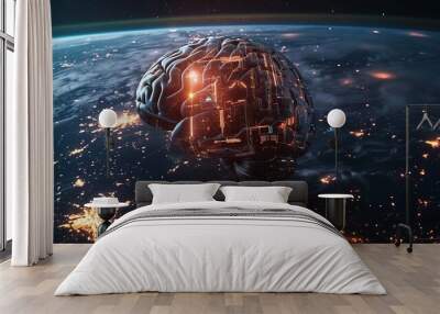 Futuristic Brain with Circuitry Above Earth 2 Wall mural