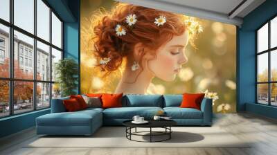 Girl with Red Hair and Daisies 4 Wall mural