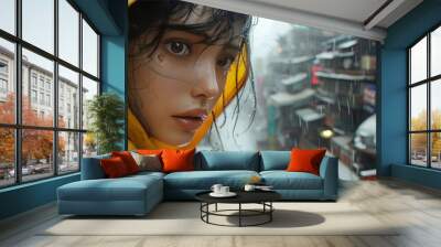 Woman in Raincoat in City 2 Wall mural