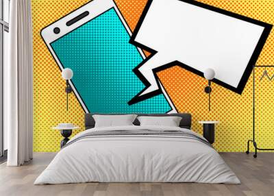 smartphone with message or chat. cell phone on yellow dotted background. mobile phone style pop art  Wall mural