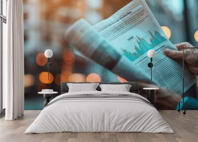 Close view of a business person's hand clutching a financial newspaper, highlighting market crashes. Wall mural