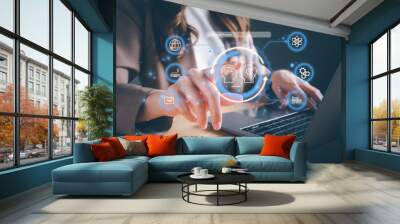 Woman using technology smart robot AI, Artificial intelligence by enter command prompt for generates something, Chatbot Chat with AI, Futuristic Artificial Intelligence technology transformation. Wall mural