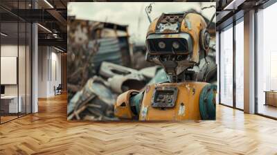 An abandoned robot in a junkyard ,A robot stands in front of a substantial pile of rubble, illustrating the theme of recovery in a post-disaster environment. Wall mural