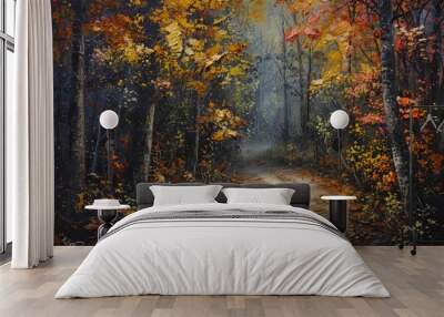 Autumn foliage in a secluded forest path ,A serene painting depicting a dirt road winding through a lush, green forest, inviting exploration and tranquility. Wall mural