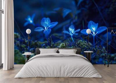 Bioluminescent plants lighting up a night scene,A serene night scene featuring vibrant blue flowers blooming in a dark forest, illuminated by soft moonlight. Wall mural