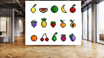 Set of pixel fruits and berries for games or mobile applications. Old style 8 bit icons isolated on white background. Minimalistic pixel art vector collection. Wall mural