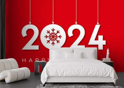 2024 happy new year banner with snowflakes hanging unique, modern, elegant design on red background. 2024 design with happy new year 2024, merry christmas concept for social media, cover design Wall mural