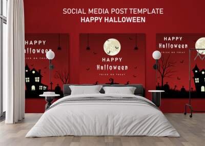 Happy Halloween banner social media post template card and greeting card vector illustration with moon, funny pumpkins, spider, grass, trees, halloween house, gravestone, bats on horror background. Wall mural