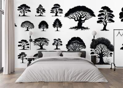 silhouette tree line drawing set, Side view, set of graphics trees elements outline symbol for architecture and landscape design drawing. Vector illustration in stroke fill in white. Tropical Wall mural