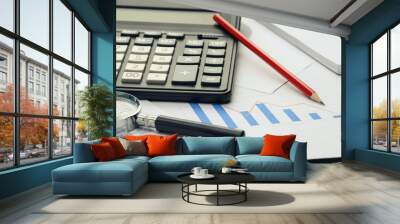 Business financial documents, office calculator and pen on the table. Numbers and graphs Wall mural