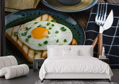 fried eggs on toast with hot coffee Wall mural