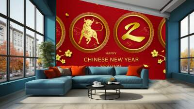 2021 year of the ox with happy chinese new year text on red Chinese style banner background Wall mural