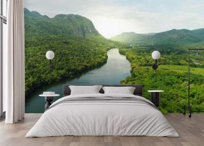 Aerial view of river in tropical green forest with mountains in background Wall mural