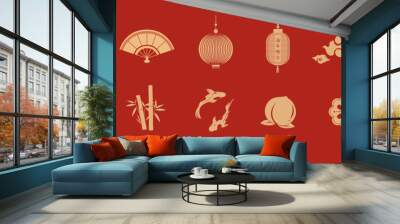 Chinese lunar new year decoration element set on red background, vector illustration flat design Wall mural