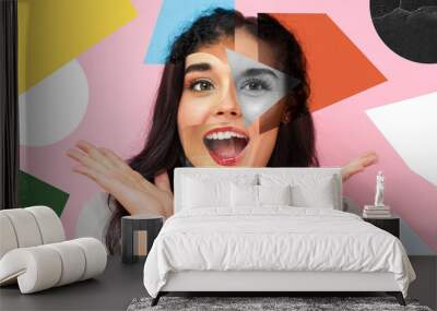 Collage art face design of multiracial diverse women in colorful background Wall mural