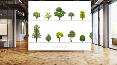 Collection of various green tree vector icon set on white background Wall mural